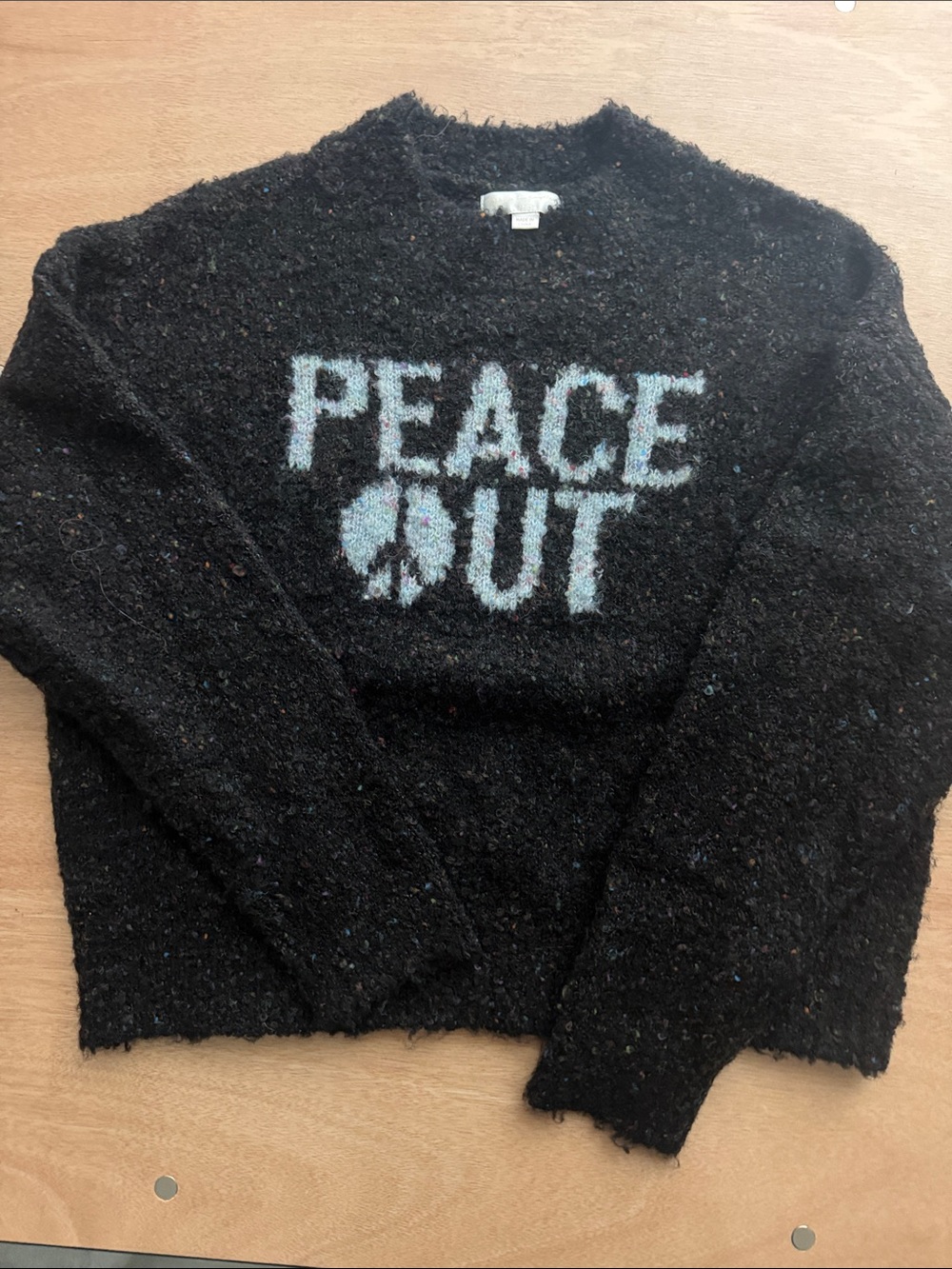 Spiritual Gangster Black Crewneck Sweater with Light Blue 'PEACE OUT' Graphic